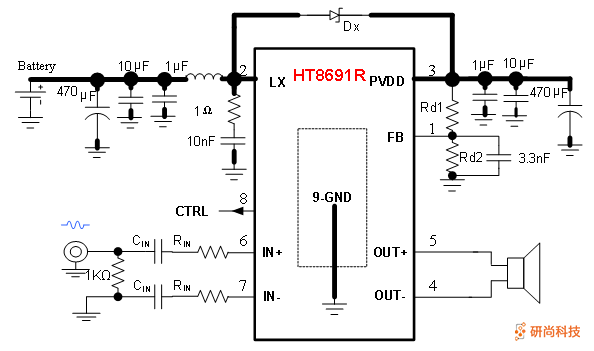 禾润内置升压音频功放:ht8691r
